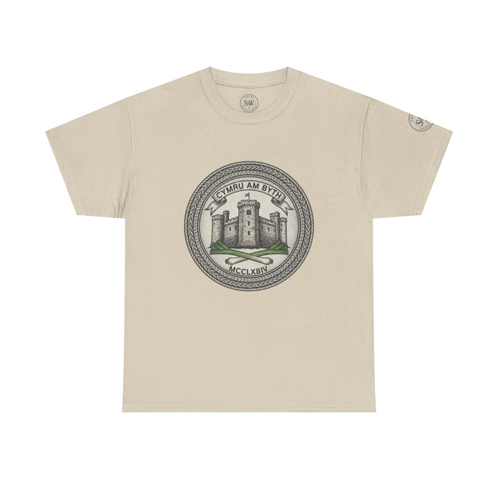 Beige t-shirt by S&amp;W Gallus with a circular emblem featuring a castle, leeks, and Welsh script.