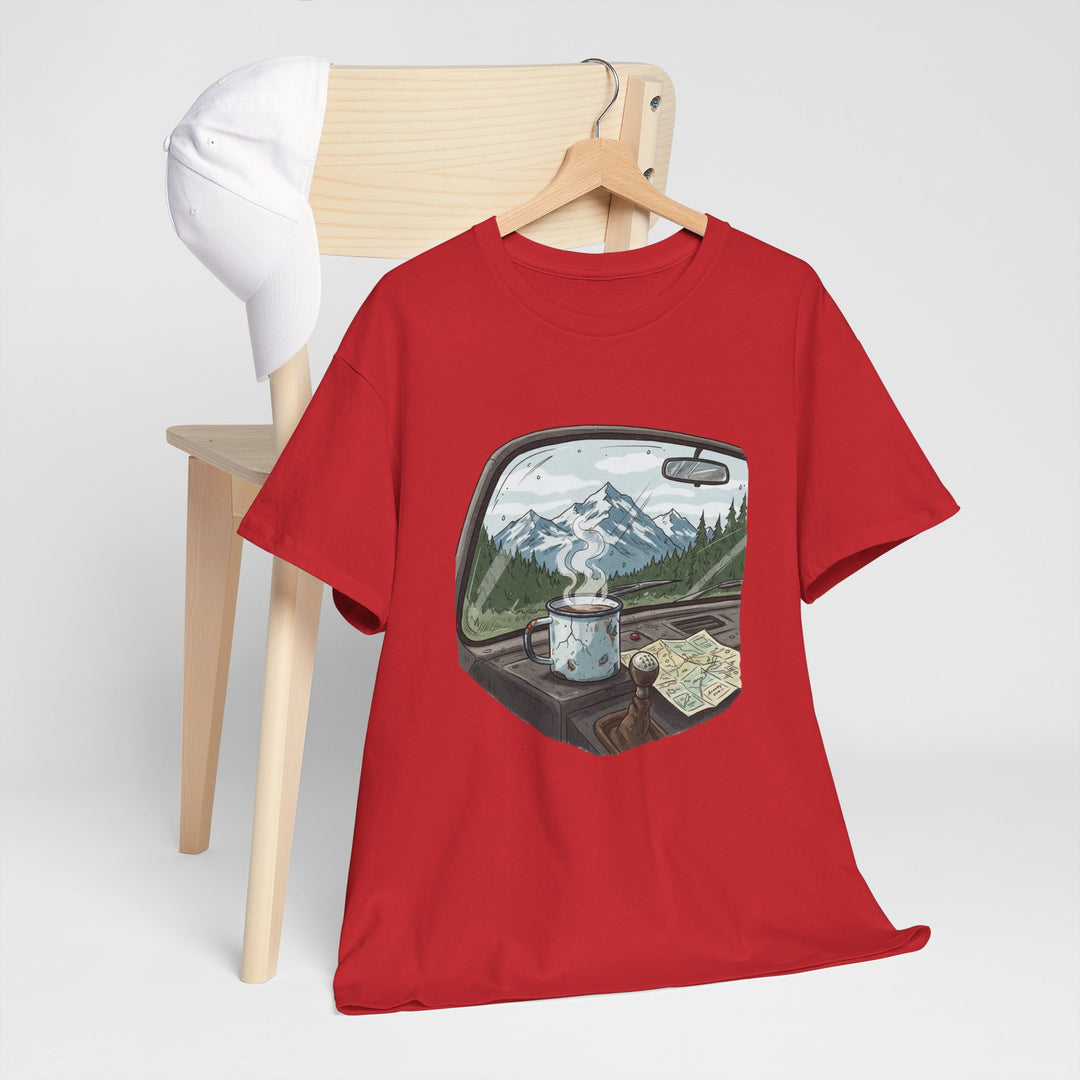 Van Roadtrip View T-Shirt featuring a scenic travel-inspired design. Soft cotton comfort perfect for van life, road trips, and outdoor adventures.