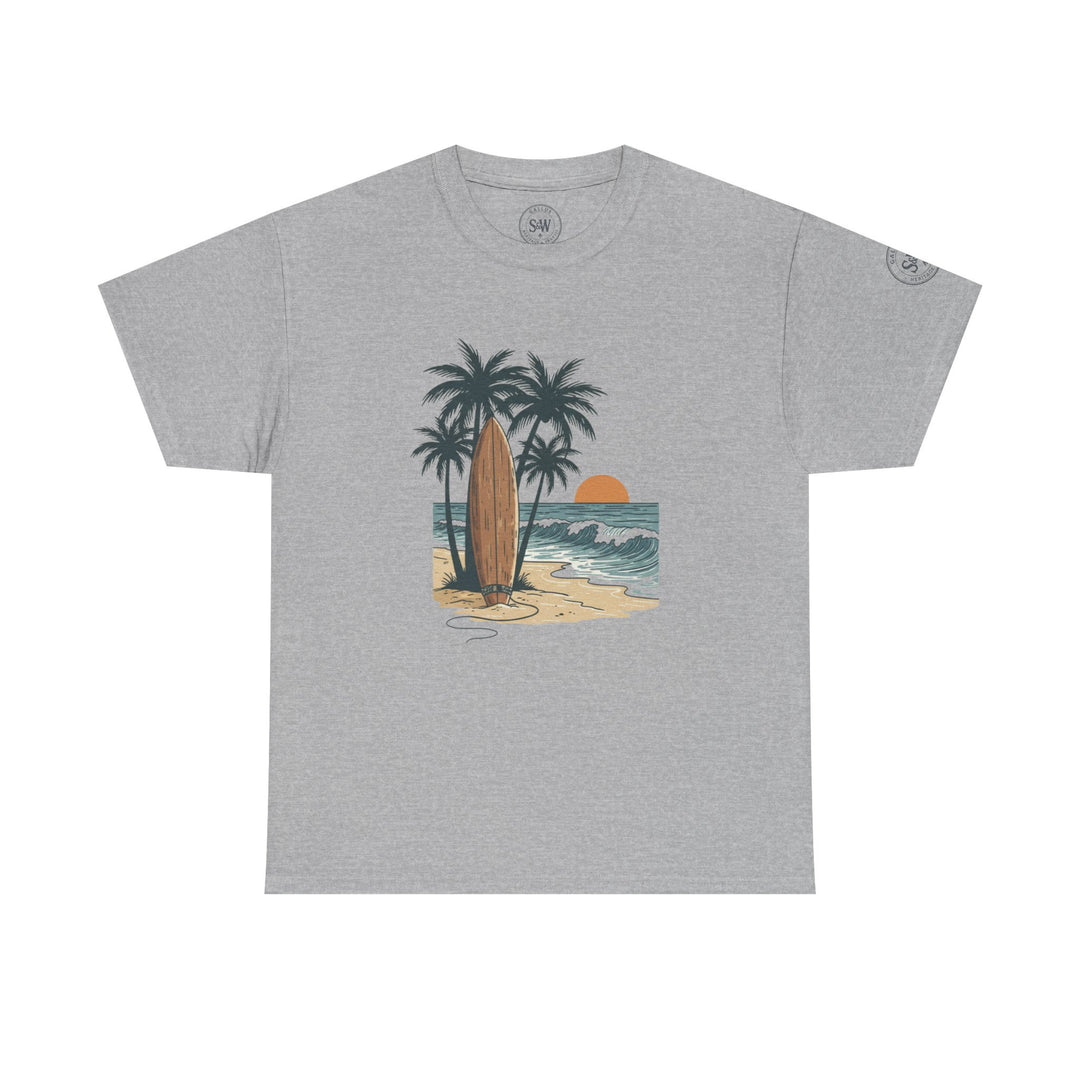 Gray graphic tee by S&amp;W Gallus featuring a beach scene with palm trees, a surfboard, and a sunset.