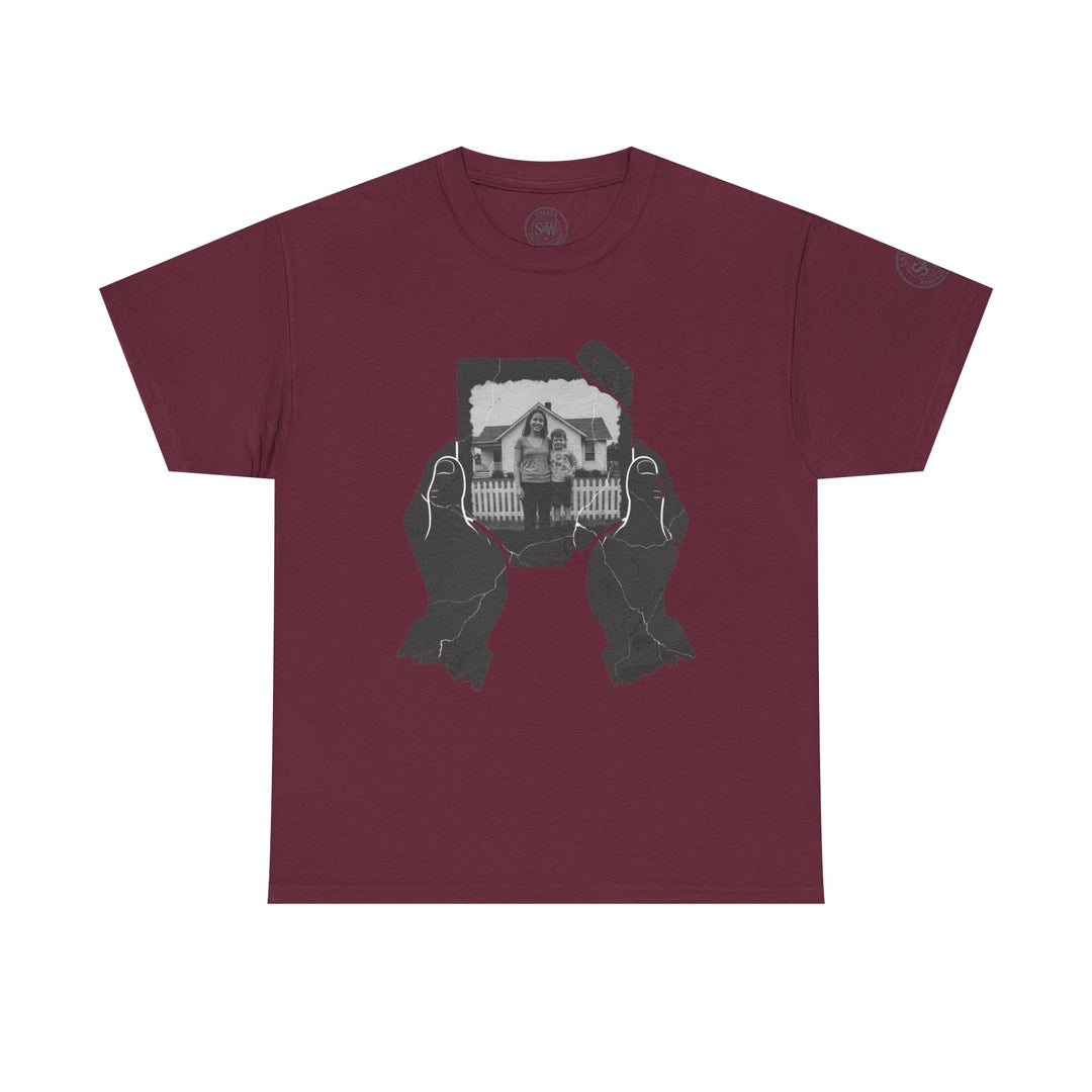 Maroon t-shirt by S&amp;W Gallus, featuring a cracked photo graphic being held by two distressed hands.