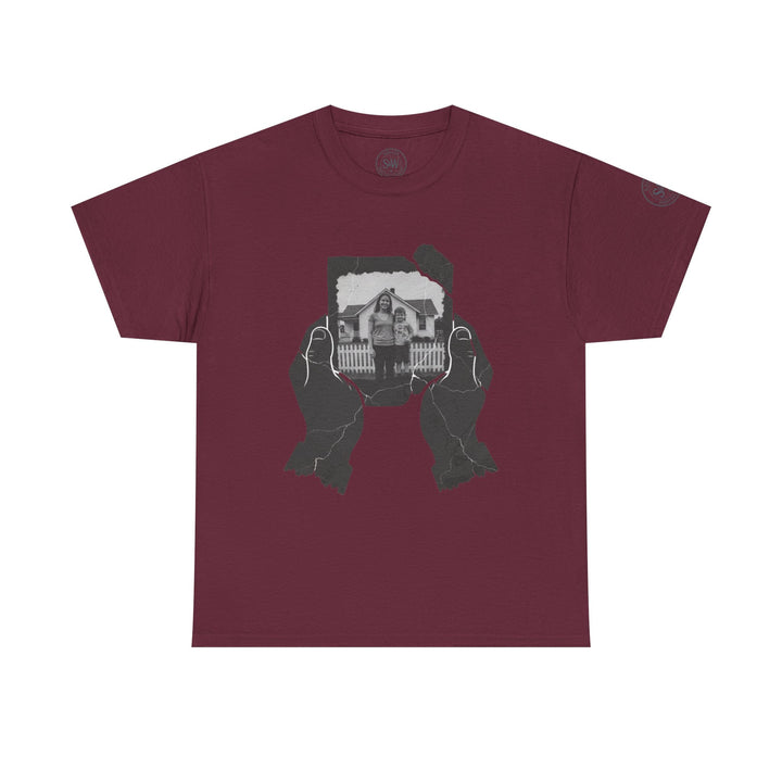 Maroon t-shirt by S&amp;W Gallus, featuring a cracked photo graphic being held by two distressed hands.