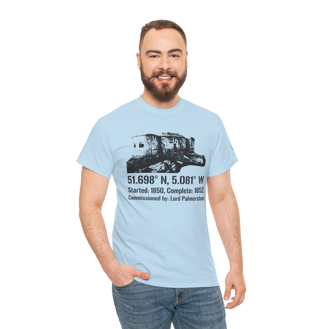 Light blue t-shirt with Stack Rock Fort graphic by S&amp;W Gallus, styled with jeans on a smiling man.
