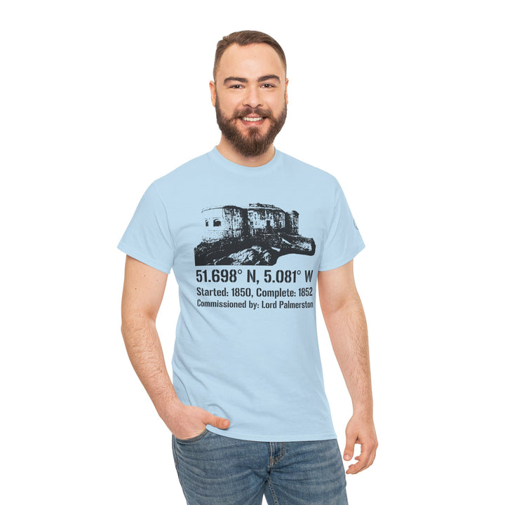 Light blue t-shirt with Stack Rock Fort graphic by S&amp;W Gallus, styled with jeans on a smiling man.