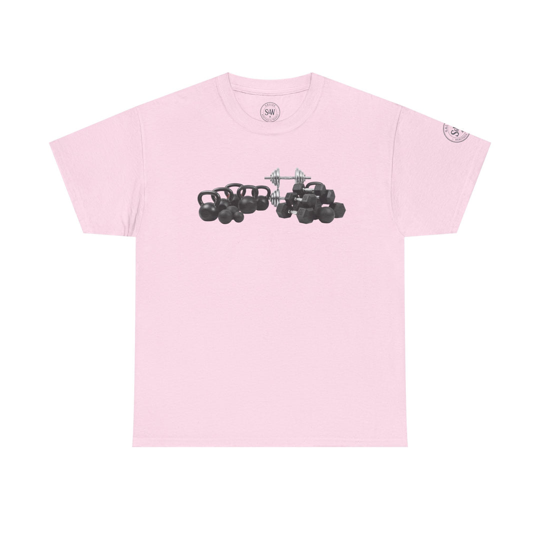 Pink t-shirt by S&amp;W Gallus featuring kettlebells and weightlifting equipment.