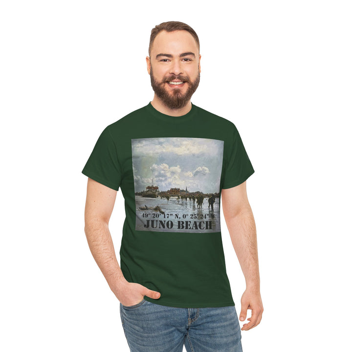 Green Juno Beach WWII Coordinates T-shirt by Veteran owned, featuring the painting and the coordinates of Juno Beach, styled with jeans.