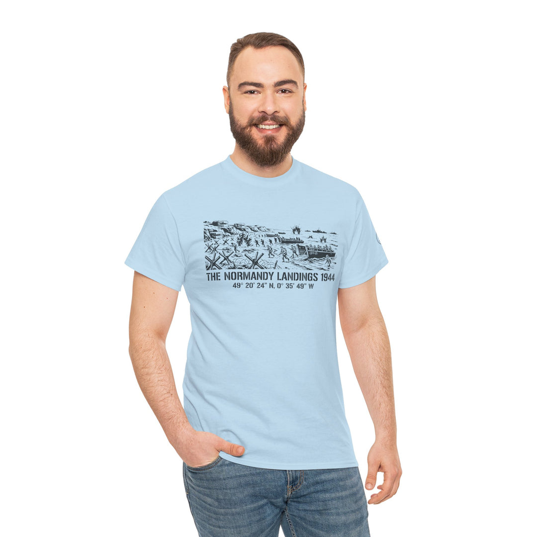 Light blue Normandy Landings 1944 T-shirt by S&amp;W Gallus, featuring a black graphic print and worn with jeans.
