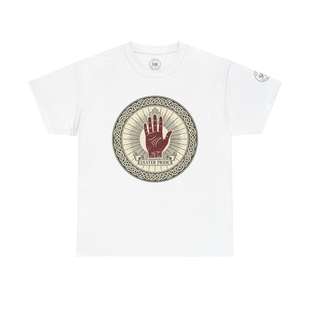 White Ulster Pride T-shirt by S&amp;W Gallus featuring a decorative Ulster hand design.