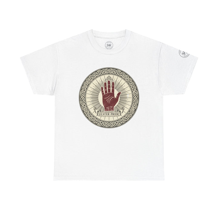 White Ulster Pride T-shirt by S&amp;W Gallus featuring a decorative Ulster hand design.