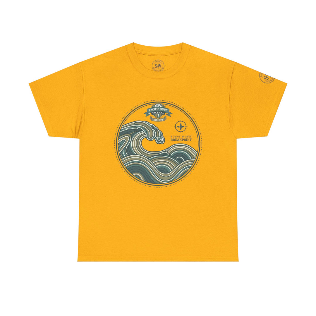 Gold T-shirt by S&amp;W Gallus with a wave crest graphic on the front and a logo on the sleeve.
