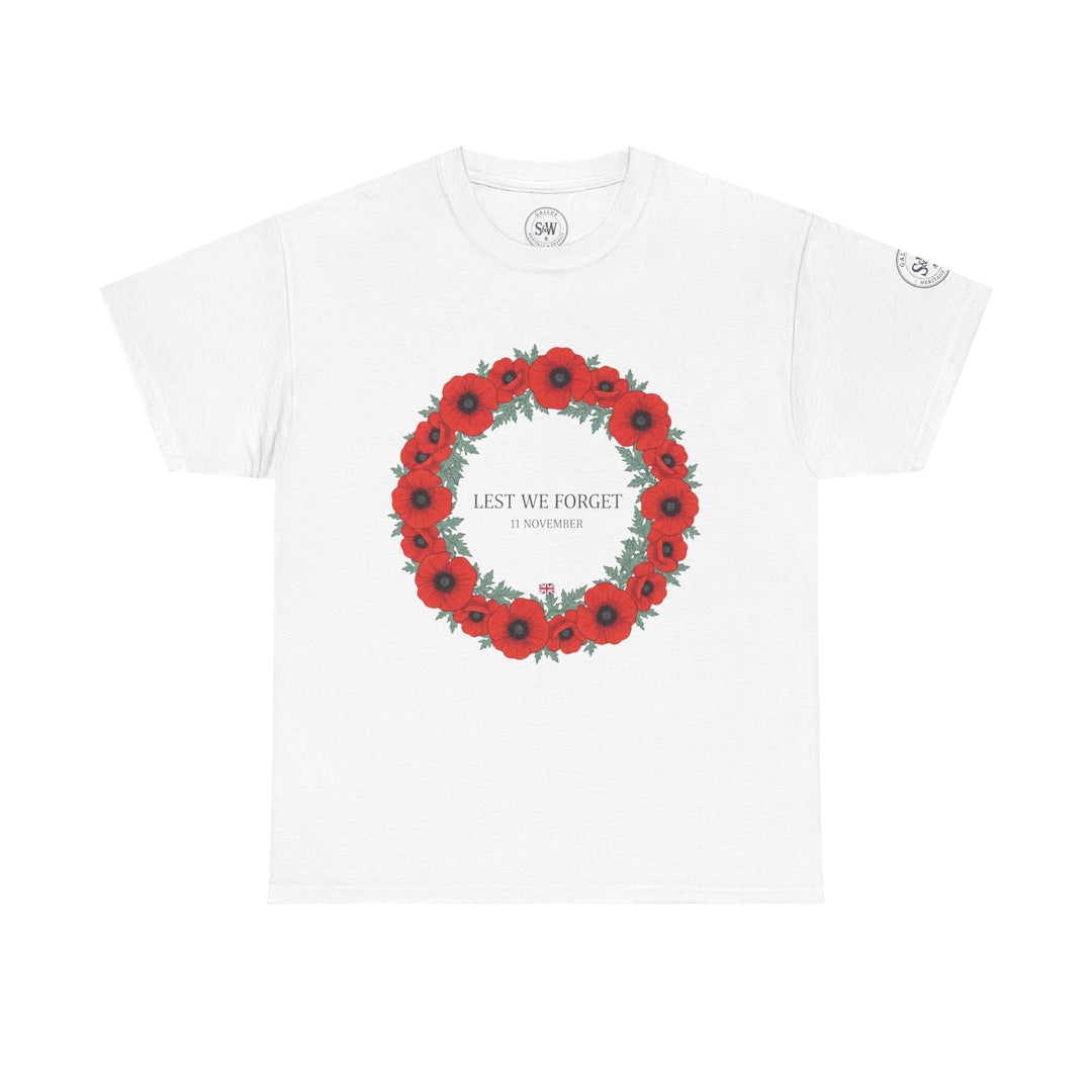White t-shirt by S&amp;W Gallus featuring a poppy wreath graphic with "Lest We Forget" text and a British flag.