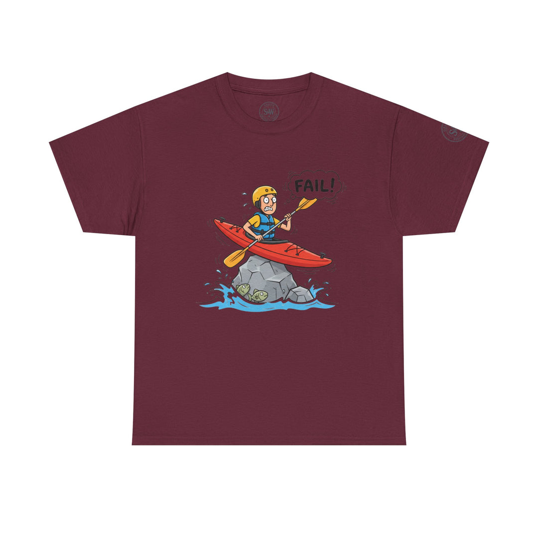 Burgundy T-shirt by S&amp;W Gallus featuring a cartoon kayaker crashing into a rock.