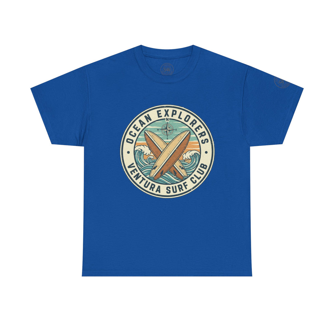 Blue t-shirt by S&amp;W Gallus featuring a round emblem with surfboards, waves, and a compass graphic on the chest.