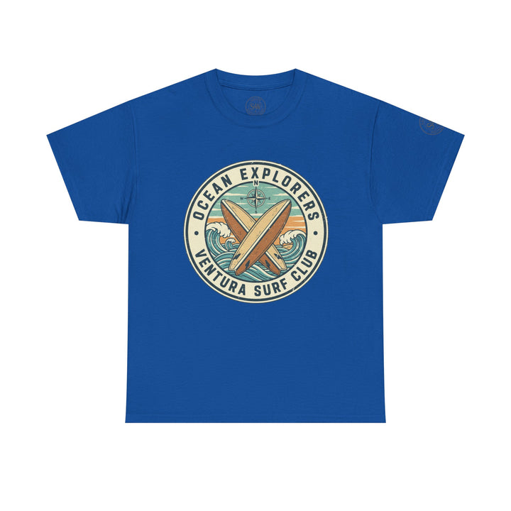 Blue t-shirt by S&amp;W Gallus featuring a round emblem with surfboards, waves, and a compass graphic on the chest.