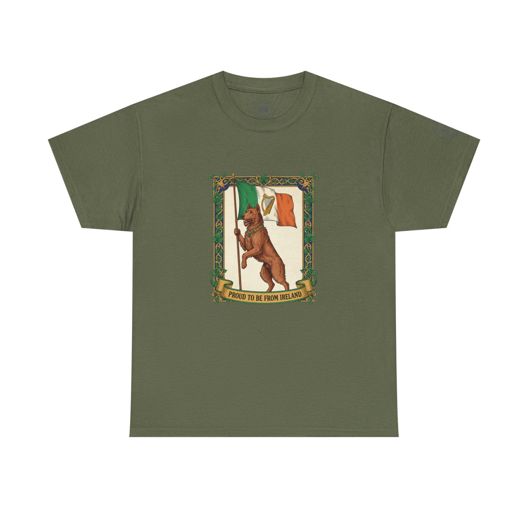 Olive green t-shirt by S&amp;W Gallus with a centered graphic of an Irish flag and dog design.