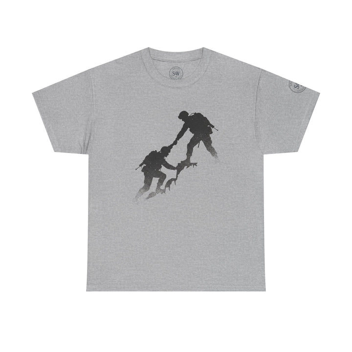 Gray t-shirt by S&amp;W Gallus with a graphic of two silhouetted people climbing a mountain.