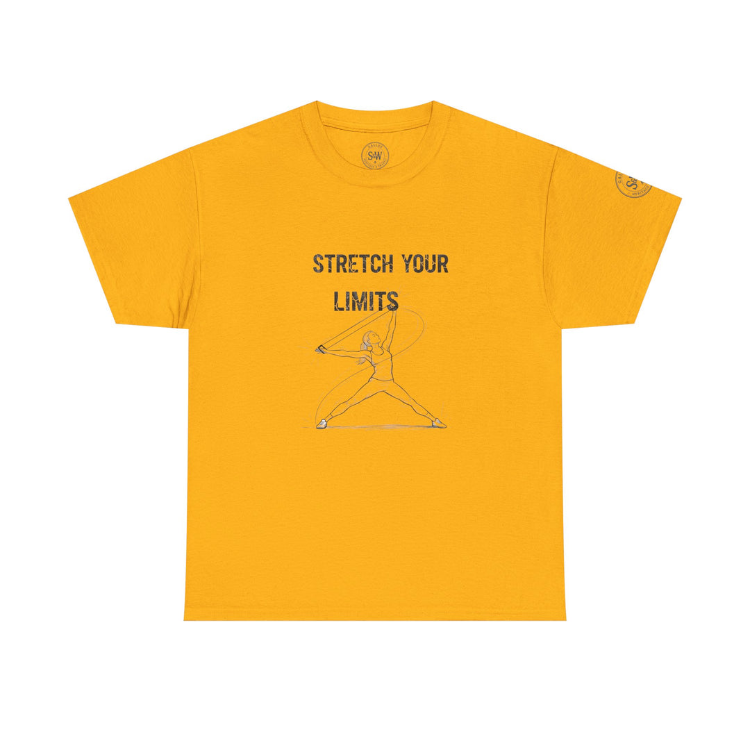 Mustard yellow t-shirt by S&amp;W Gallus, featuring a fitness graphic and "stretch your limits" text.