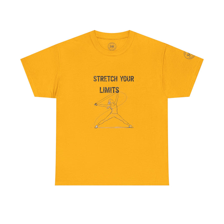 Mustard yellow t-shirt by S&amp;W Gallus, featuring a fitness graphic and "stretch your limits" text.