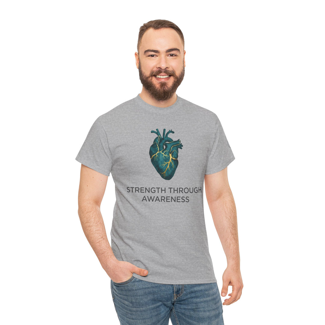 Gray t-shirt by Veteran owned, featuring an anatomical heart graphic and "Strength Through Awareness" text, paired with jeans.