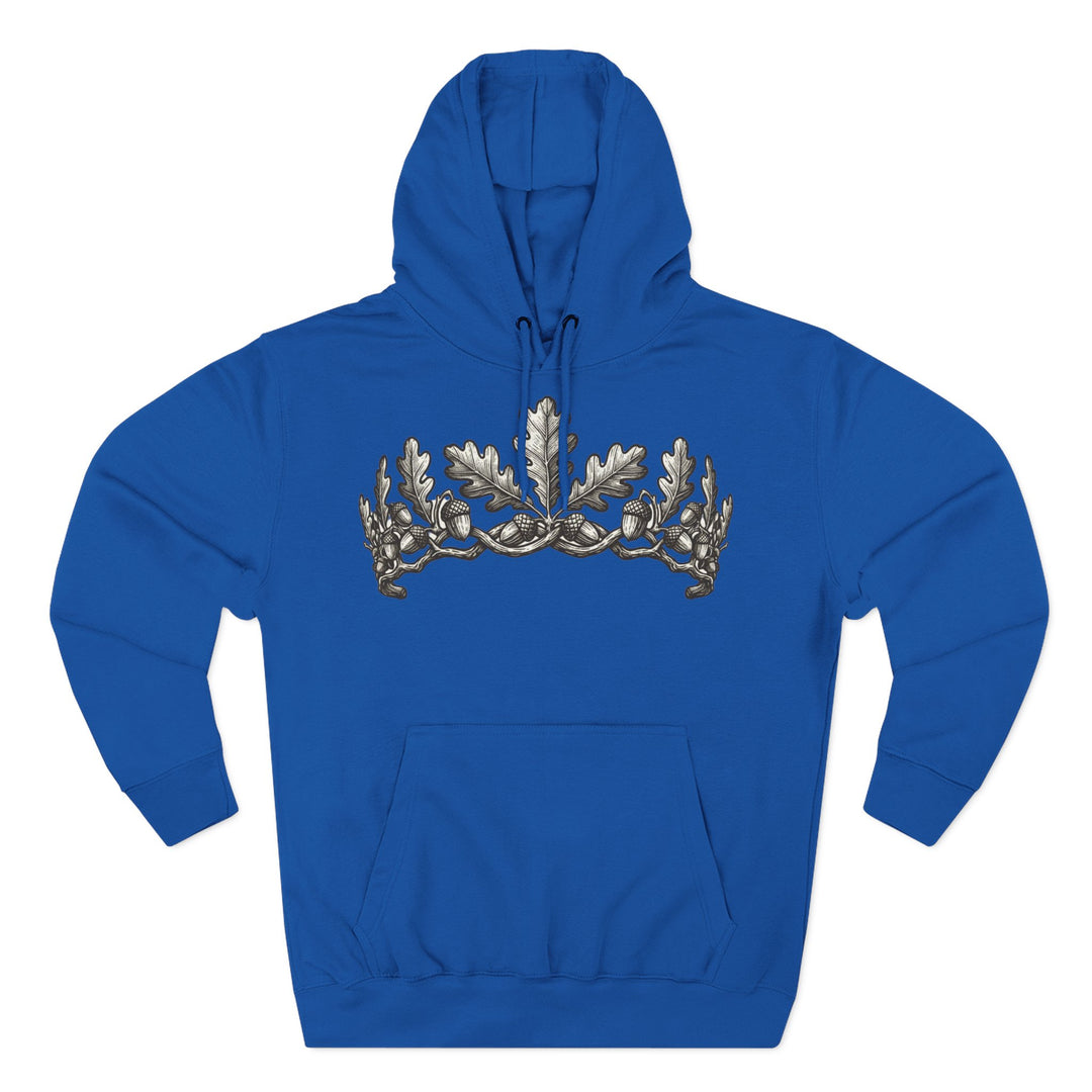 Royal blue hoodie by S&amp;W Gallus featuring an oak leaf and acorn crown design on the chest.