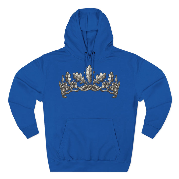 Royal blue hoodie by S&amp;W Gallus featuring an oak leaf and acorn crown design on the chest.