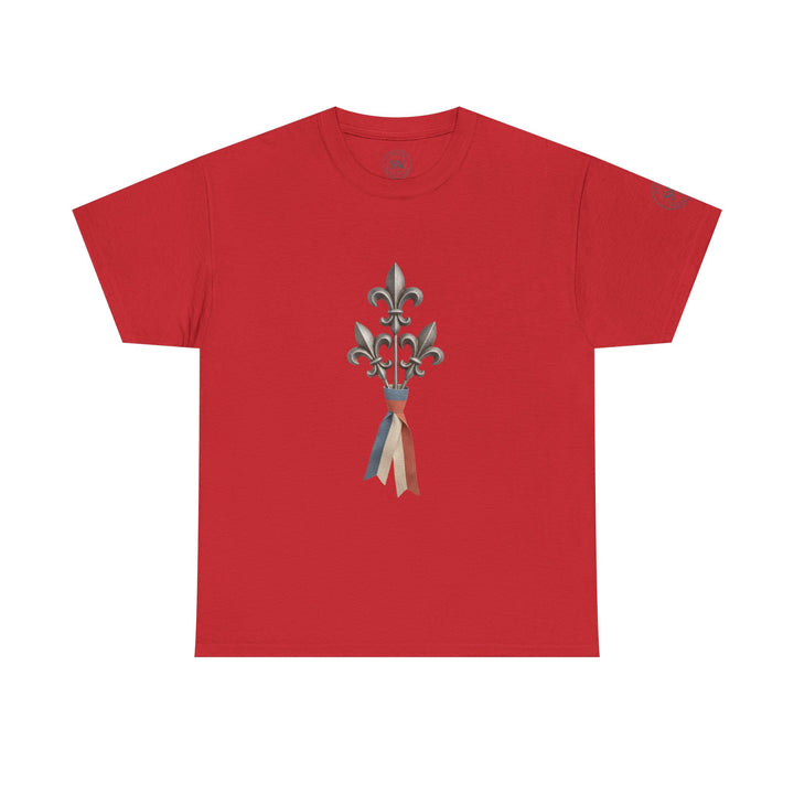 Red t-shirt by S&amp;W Gallus featuring a fleur-de-lis graphic with a tricolor ribbon.