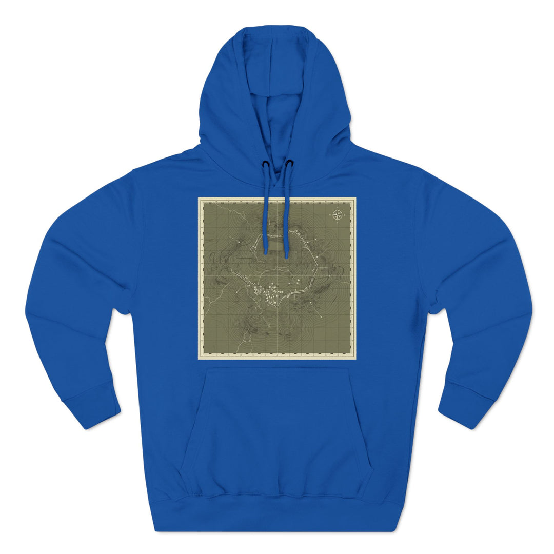 Blue hoodie from S&amp;W Gallus featuring a detailed, square topographical map graphic on the front.