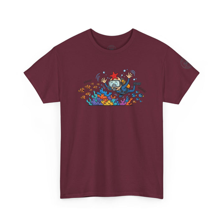 Maroon t-shirt with a diver coral reef graphic by S&amp;W Gallus, featuring colorful fish and cartoon style.
