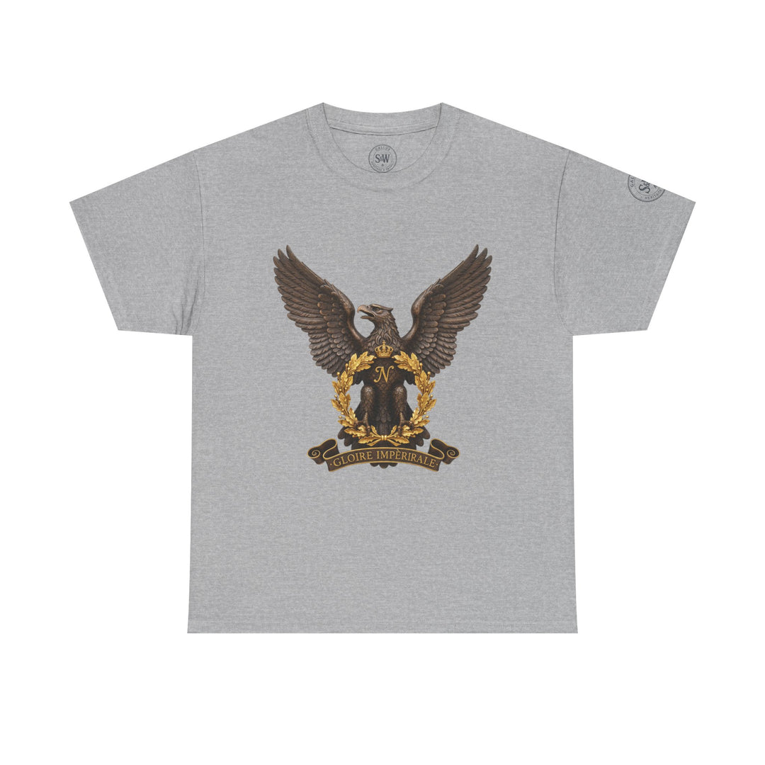 Heather grey T-shirt by S&amp;W Gallus, featuring a French Bonaparte eagle crest with "Gloire Impériale" banner.
