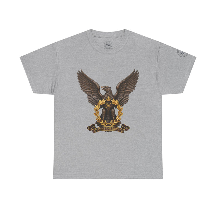 Heather grey T-shirt by S&amp;W Gallus, featuring a French Bonaparte eagle crest with "Gloire Impériale" banner.