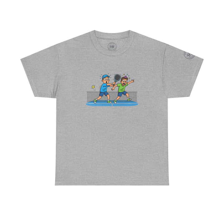 Gray graphic tee by S&amp;W Gallus, featuring a cartoon illustration of people playing padel.