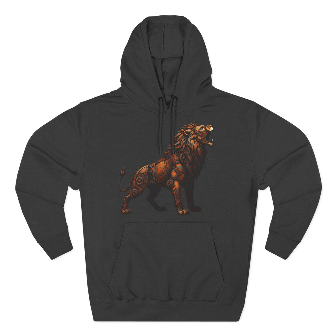 Charcoal hoodie by S&amp;W Gallus featuring an orange steampunk lion design, with a drawstring hood and a front pocket.