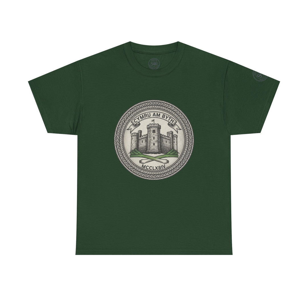 Green T-shirt by S&amp;W Gallus featuring a circular graphic with a castle and the words &