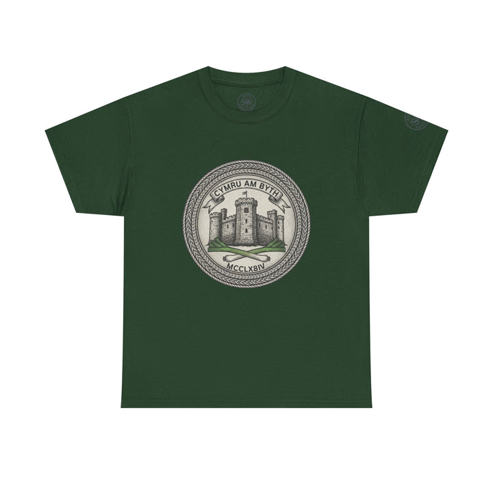 Green T-shirt by S&amp;W Gallus featuring a circular graphic with a castle and the words &