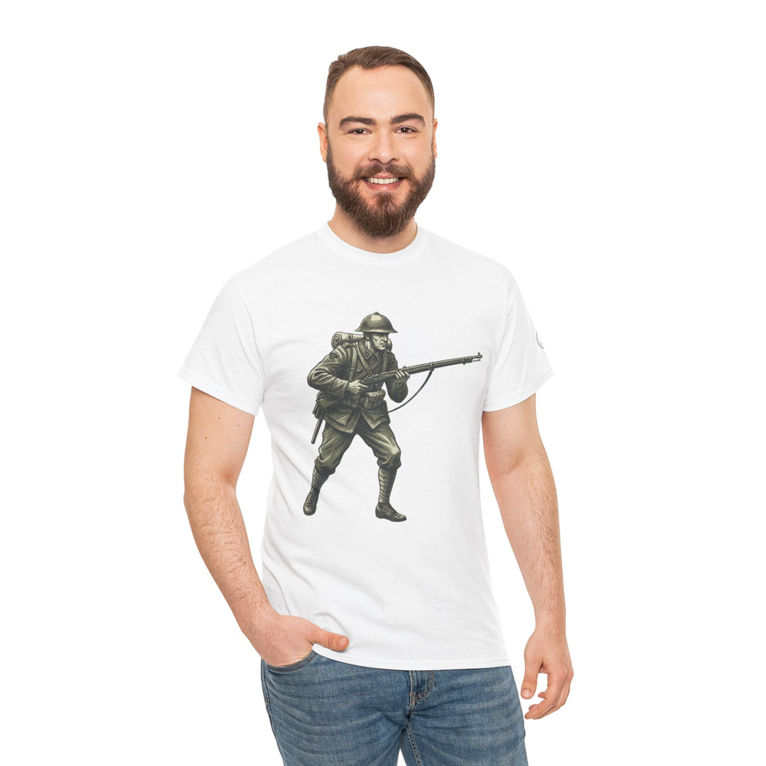 White graphic tee with vintage infantry illustration by S&amp;W Gallus, worn with blue jeans, standing smiling with hand in pocket.