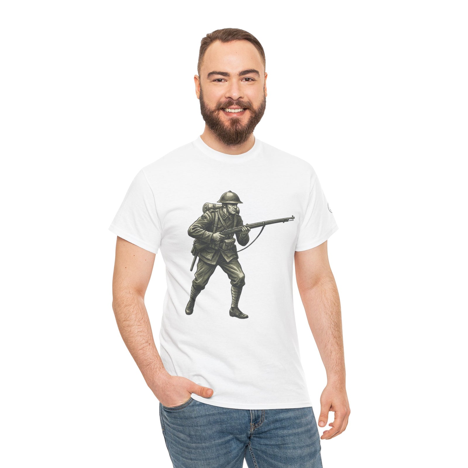 White graphic tee with vintage infantry illustration by S&W Gallus, worn with blue jeans, standing smiling with hand in pocket.