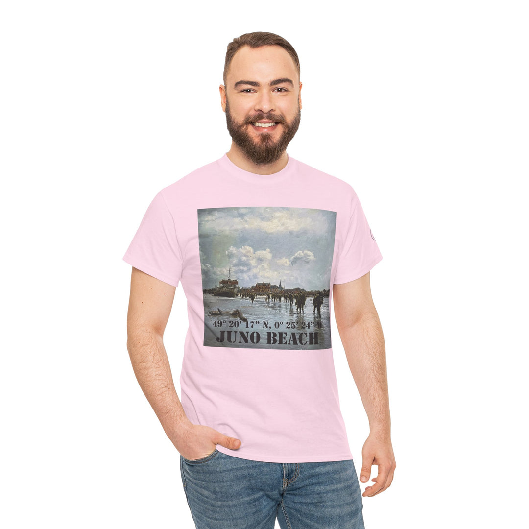Pink Juno Beach WWII Coordinates T-Shirt by Veteran Owned, featuring a WWII beach scene and coordinates.
