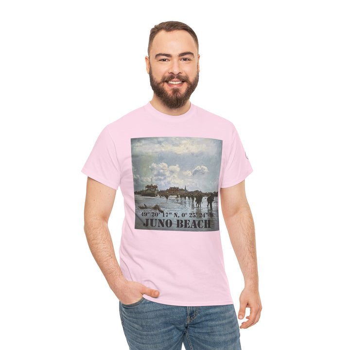 Pink Juno Beach WWII Coordinates T-Shirt by Veteran Owned, featuring a WWII beach scene and coordinates.
