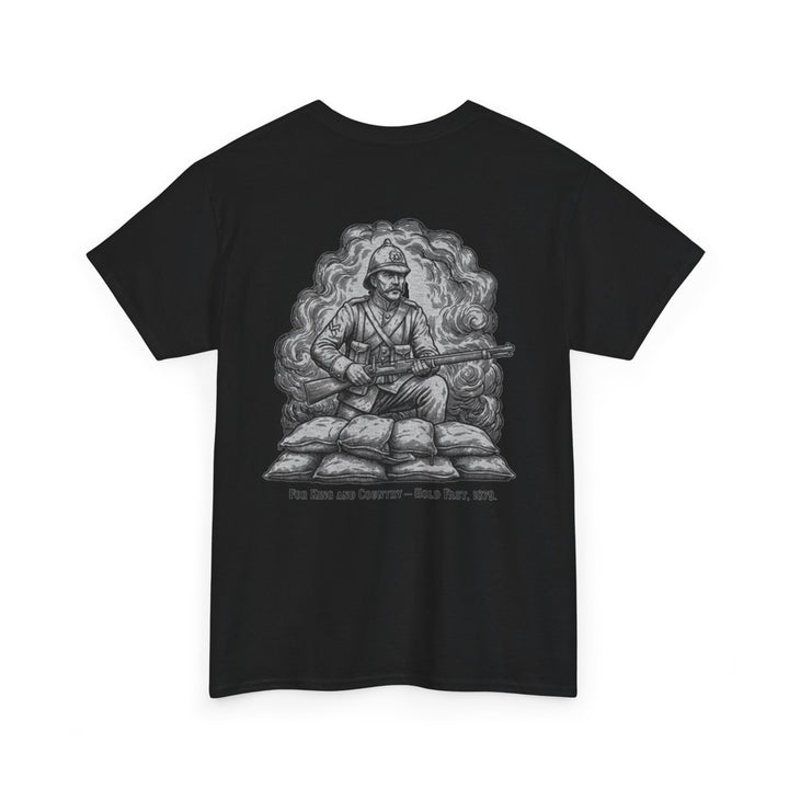 Soldier 1879 T-Shirt featuring a vintage Rorke’s Drift–style rifleman illustration. A bold Anglo-Zulu War tribute design.