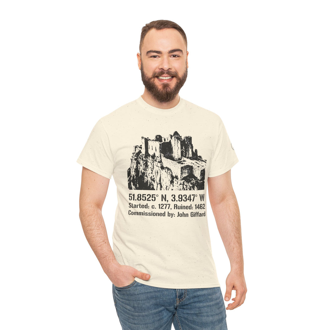 Beige t-shirt by S&amp;W Gallus, featuring a castle graphic and historical details, worn with jeans.
