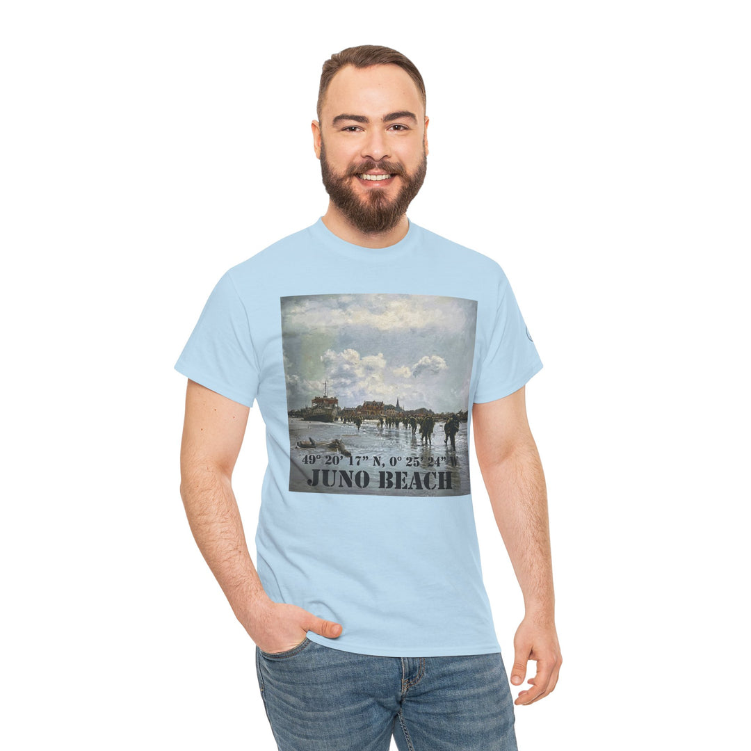 Light blue Juno Beach WWII Coordinates T-shirt by Veteran owned, featuring a vintage beach scene, styled with jeans.