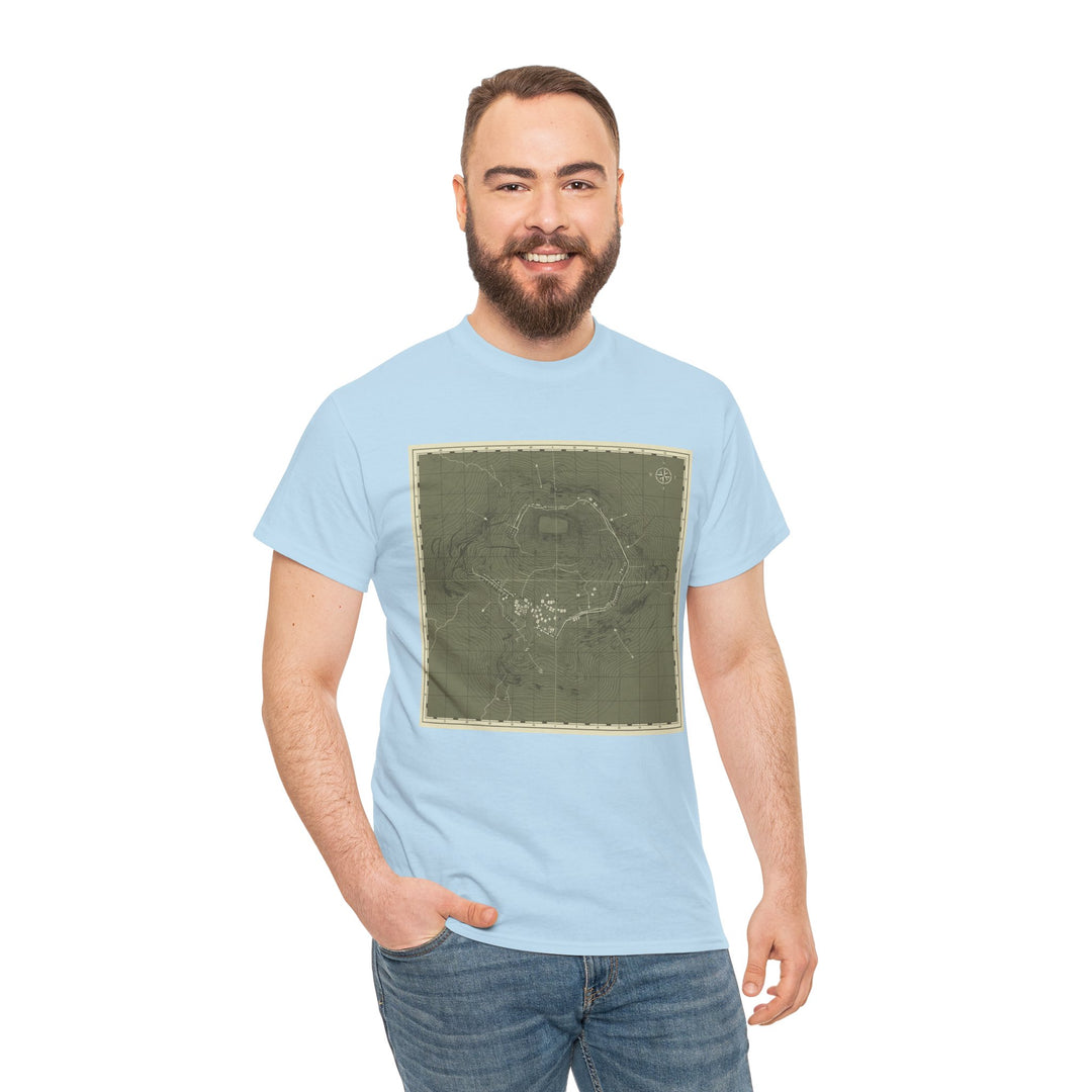 Isandlwana Map Print T-Shirt featuring a vintage topographic design. A bold heritage graphic tee inspired by historic terrain.