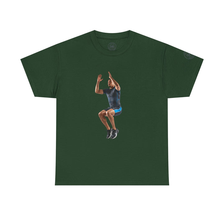 Green t-shirt by S&amp;W Gallus, featuring a jumping man design on the front.