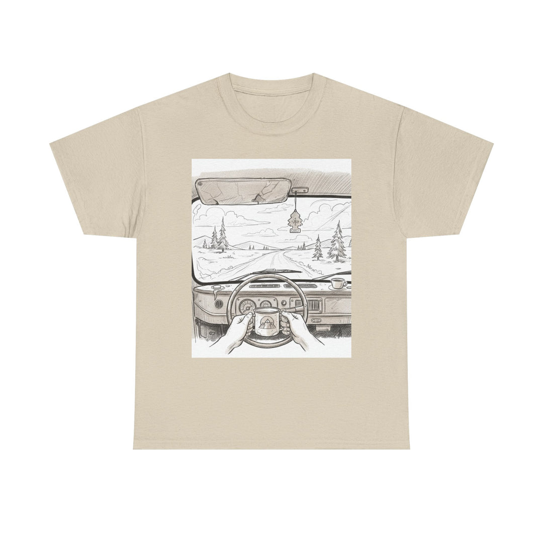 Scenic Drive Van Illustration Tee – soft cotton with a detailed van and landscape design. Perfect for road trips, outdoor adventures, and casual wear.