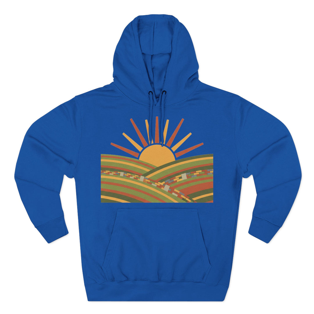 Blue hoodie by S&amp;W Gallus with a graphic design of sun and patterned fields, featuring a hood and front pocket.
