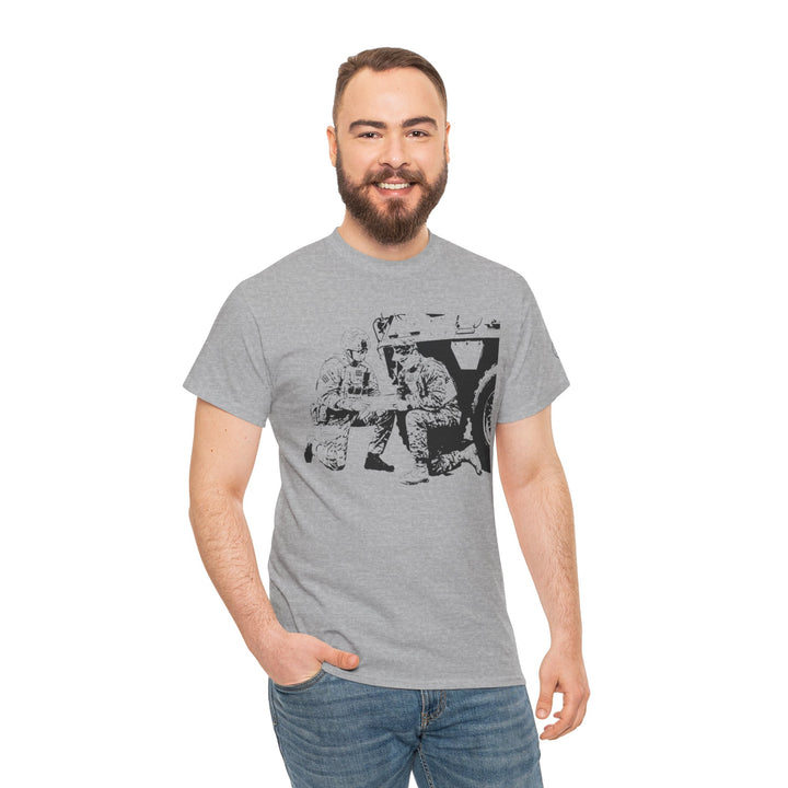 Gray t-shirt by S&amp;W Gallus with a military graphic, worn with jeans.