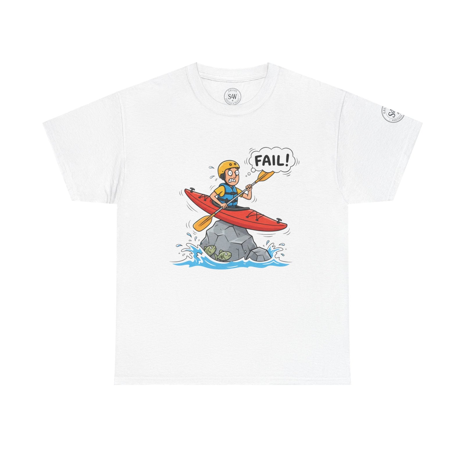 White Kayak Fail T-shirt by S&W Gallus featuring a cartoon illustration of a kayaker hitting a rock.