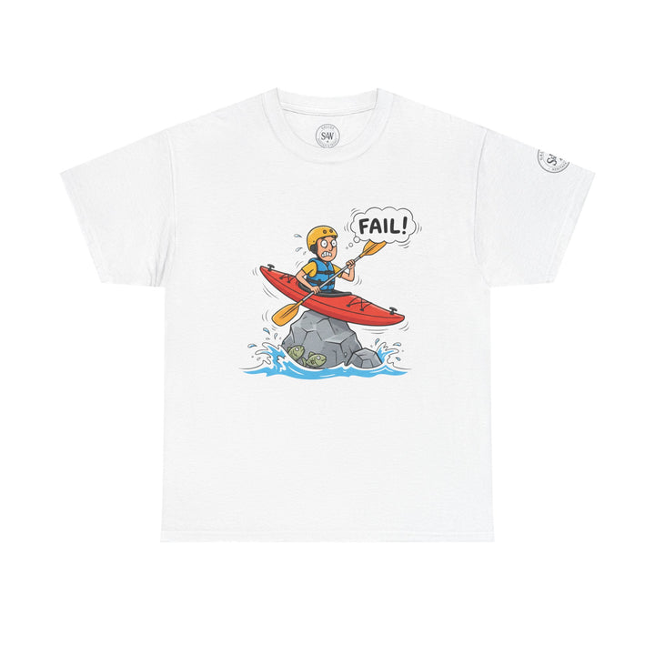 White Kayak Fail T-shirt by S&amp;W Gallus featuring a cartoon illustration of a kayaker hitting a rock.