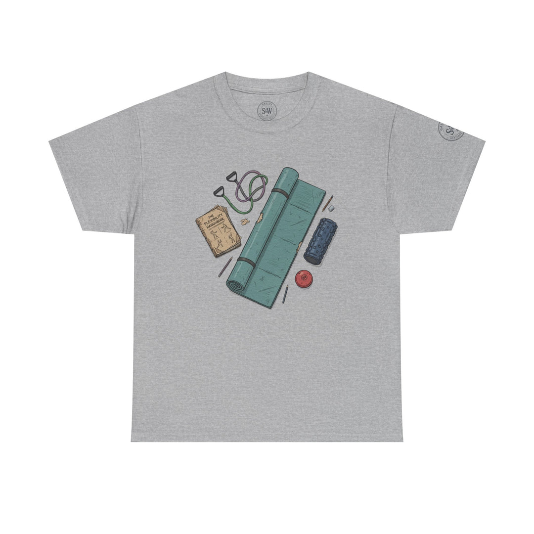 Gray t-shirt by S&amp;W Gallus featuring a flexibility accessories graphic on the front.