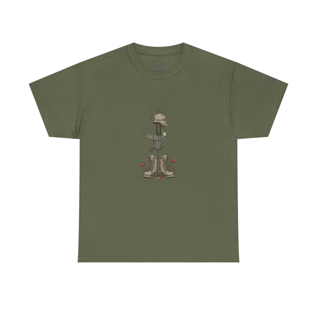 Olive green t-shirt by S&amp;W Gallus featuring an illustration of a soldier&