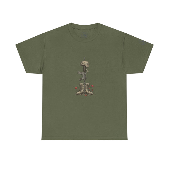 Olive green t-shirt by S&amp;W Gallus featuring an illustration of a soldier&
